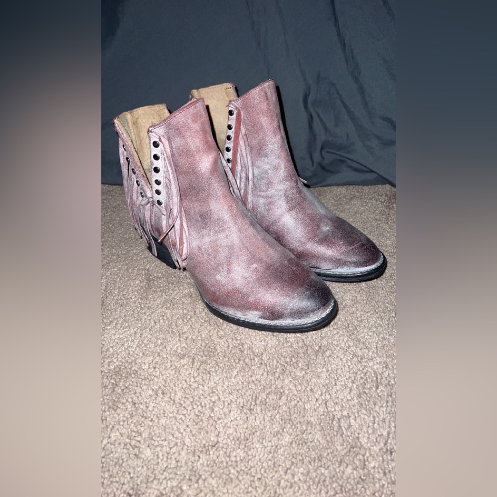 Circle G Distressed Burgundy Fringe Ankle Boots